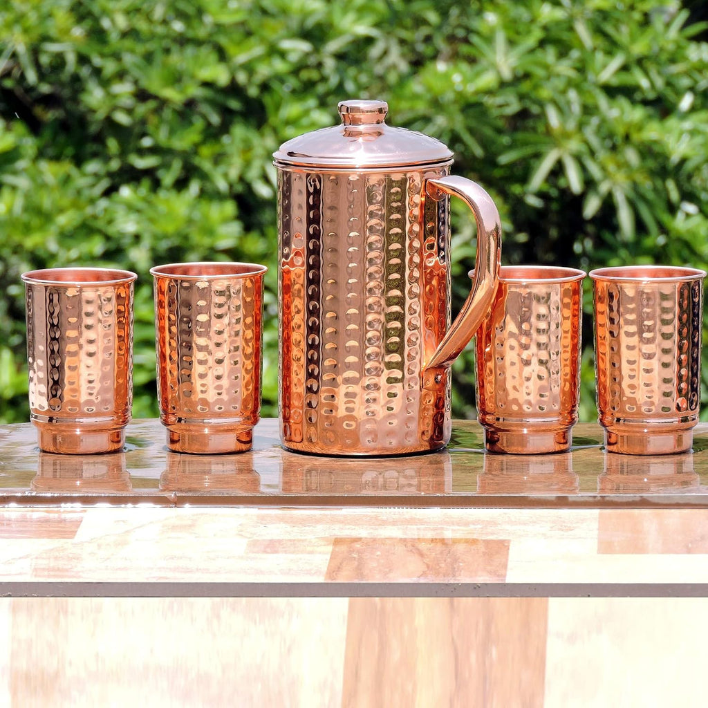 - Pure Copper Hammered Pitcher with 4 Copper Tumblers | Hammered Copper Pitcher and Tumblers for Ayurveda Health Benefits