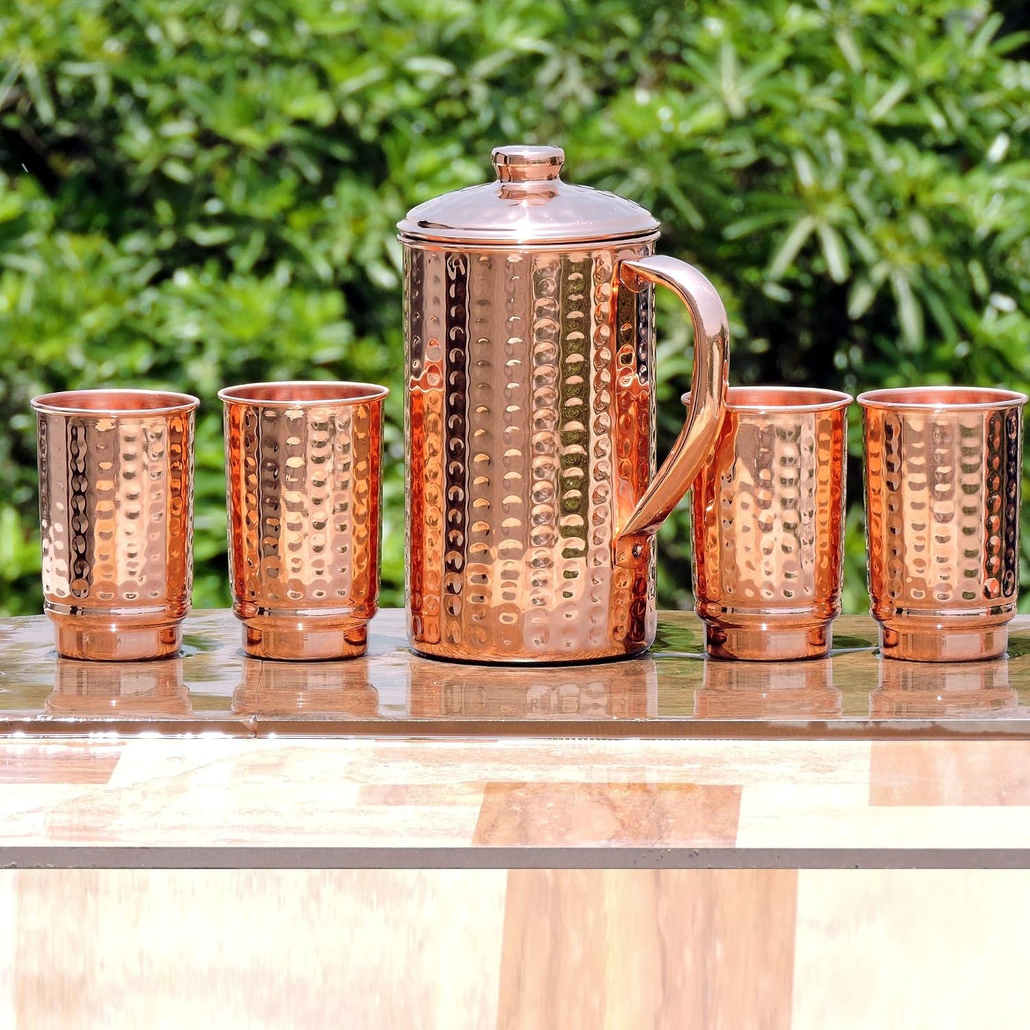 - Pure Copper Hammered Pitcher with 4 Copper Tumblers | Hammered Copper Pitcher and Tumblers for Ayurveda Health Benefits