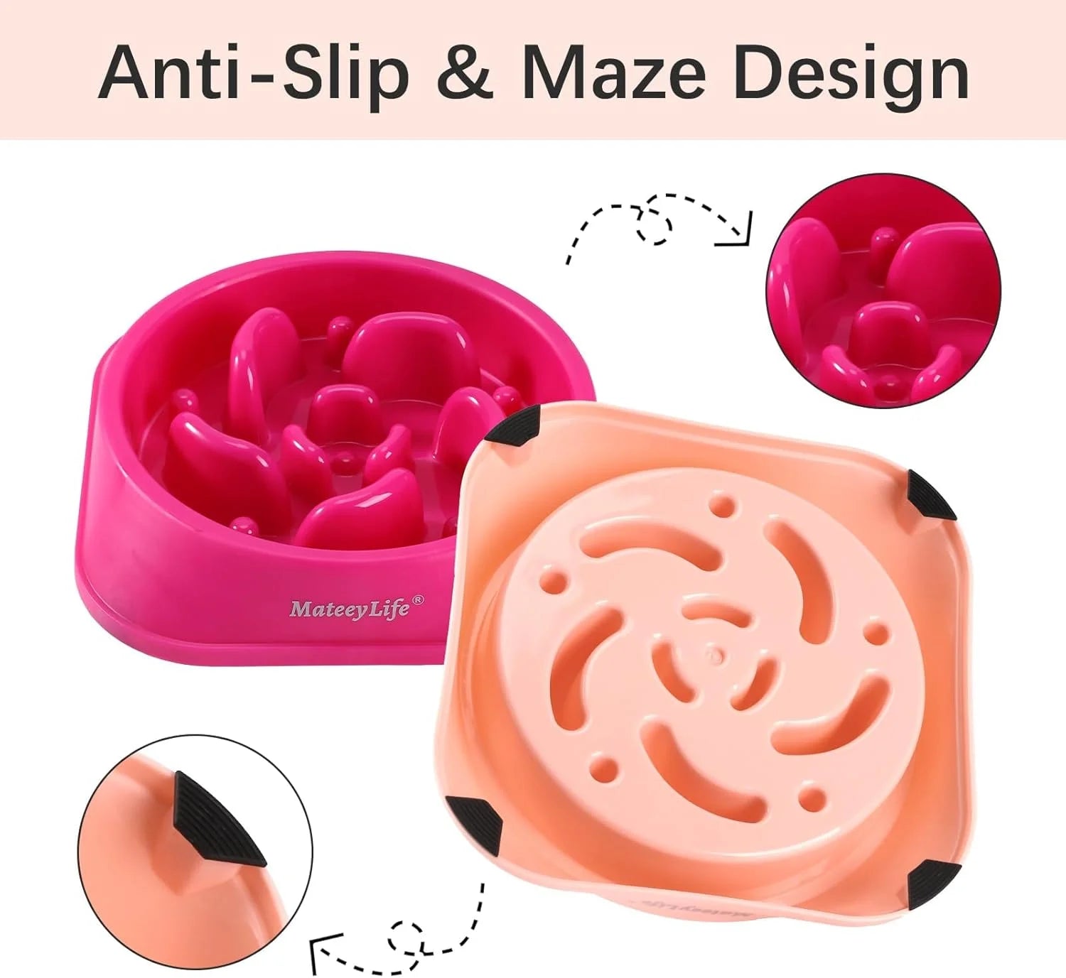 Slow Feeder Dog Bowls 2PCS, Non Slip Cat Food Bowls, Bloat Stop Maze Dishes, Interactive Feeder for All Breeds 2 Cup Pink&Purple