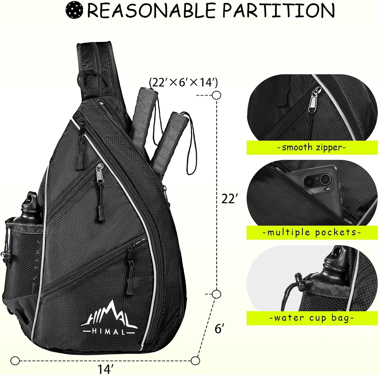 Himal Pickleball Bag Adjustable, Pickleball Backpack with Water Bottle Holder for Men and Women (Black)