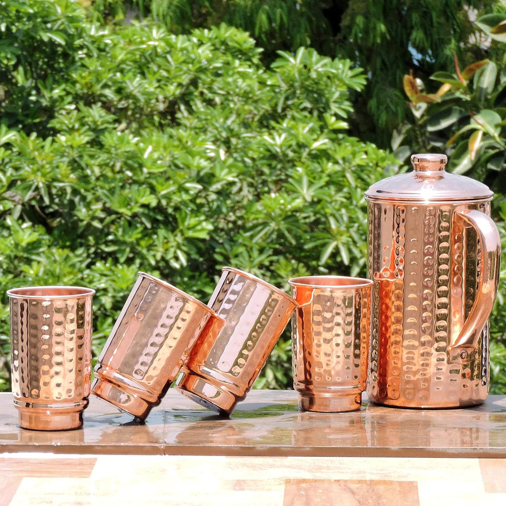 - Pure Copper Hammered Pitcher with 4 Copper Tumblers | Hammered Copper Pitcher and Tumblers for Ayurveda Health Benefits