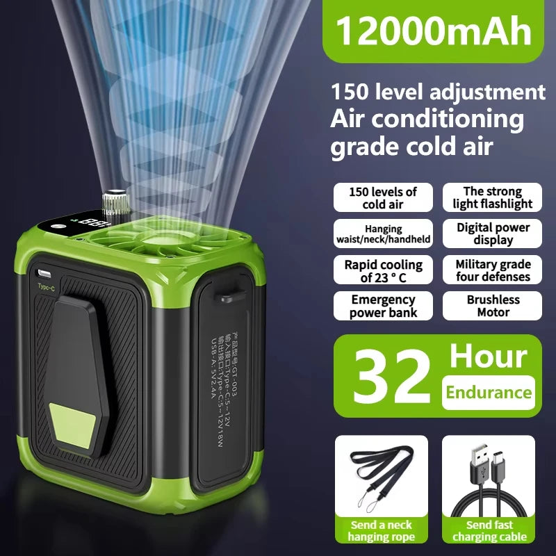 Experience Ultimate Comfort with Our High-Speed Waist Hanging Cooling Fan - USB Rechargeable 12000mAh Portable Personal Fan with 150 Adjustable Levels for Outdoor Adventures & Travel