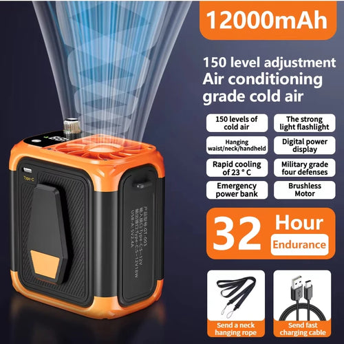 Experience Ultimate Comfort with Our High-Speed Waist Hanging Cooling Fan - USB Rechargeable 12000mAh Portable Personal Fan with 150 Adjustable Levels for Outdoor Adventures & Travel