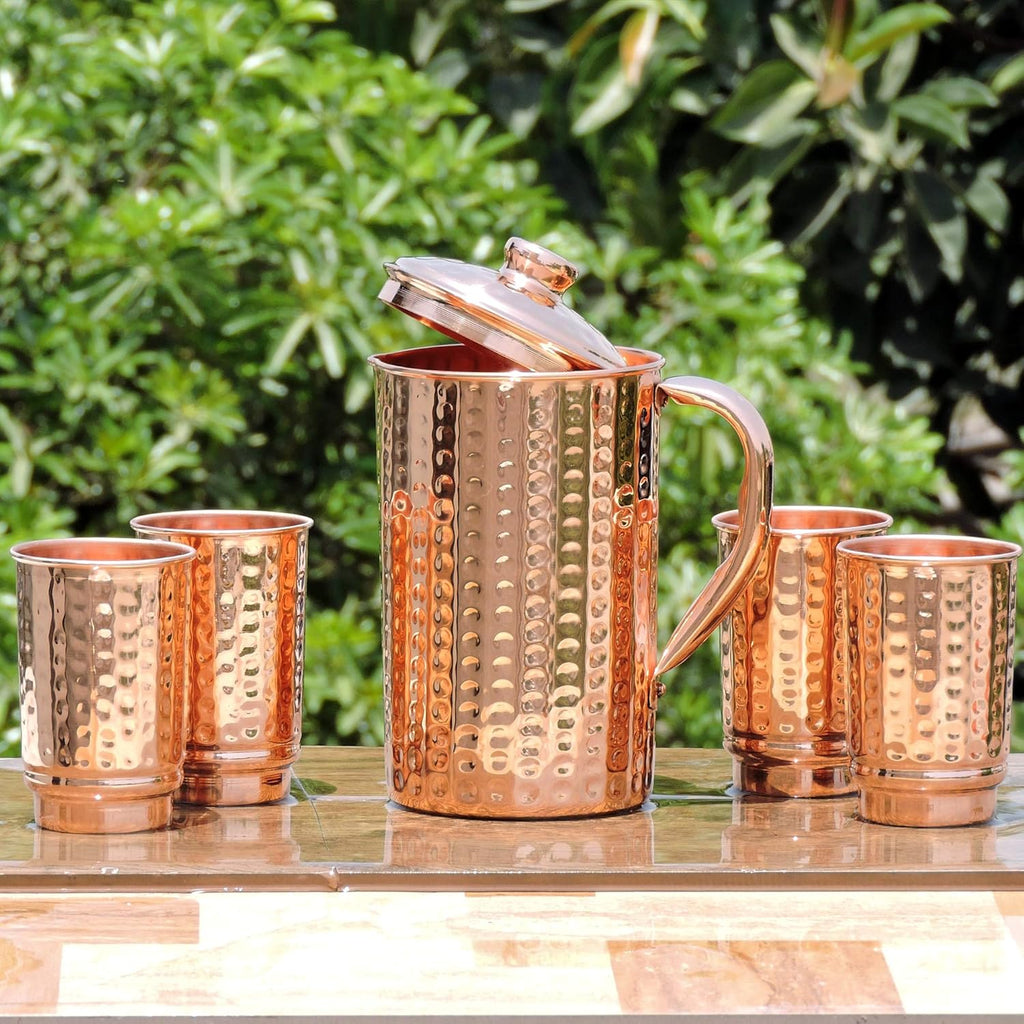 - Pure Copper Hammered Pitcher with 4 Copper Tumblers | Hammered Copper Pitcher and Tumblers for Ayurveda Health Benefits