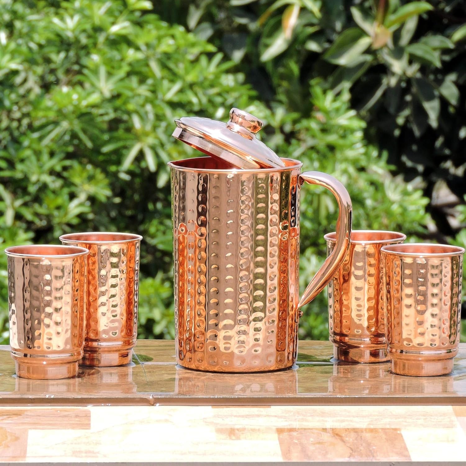 - Pure Copper Hammered Pitcher with 4 Copper Tumblers | Hammered Copper Pitcher and Tumblers for Ayurveda Health Benefits