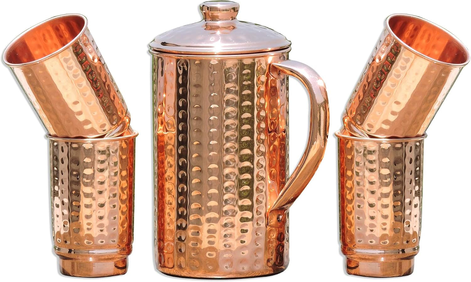- Pure Copper Hammered Pitcher with 4 Copper Tumblers | Hammered Copper Pitcher and Tumblers for Ayurveda Health Benefits