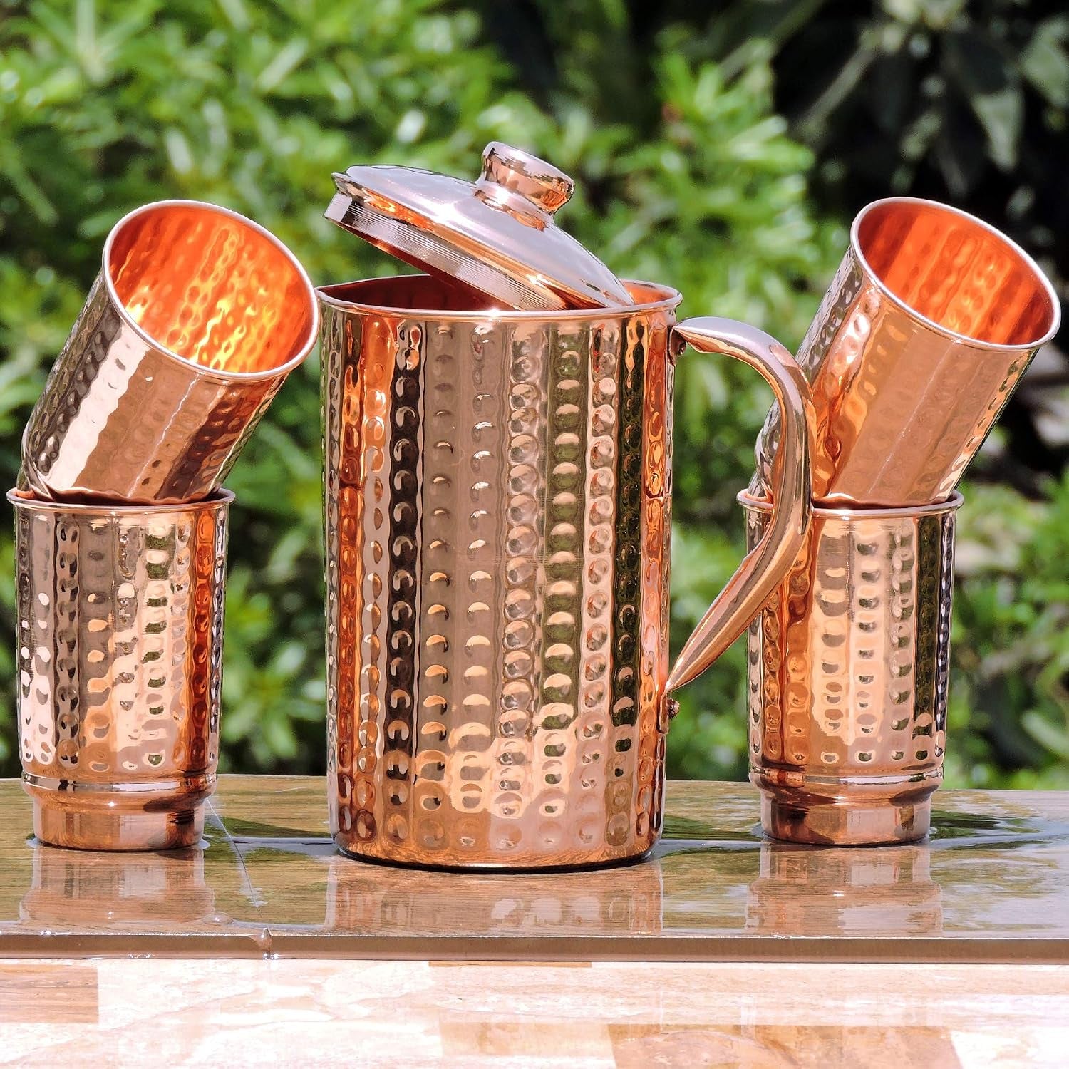 - Pure Copper Hammered Pitcher with 4 Copper Tumblers | Hammered Copper Pitcher and Tumblers for Ayurveda Health Benefits