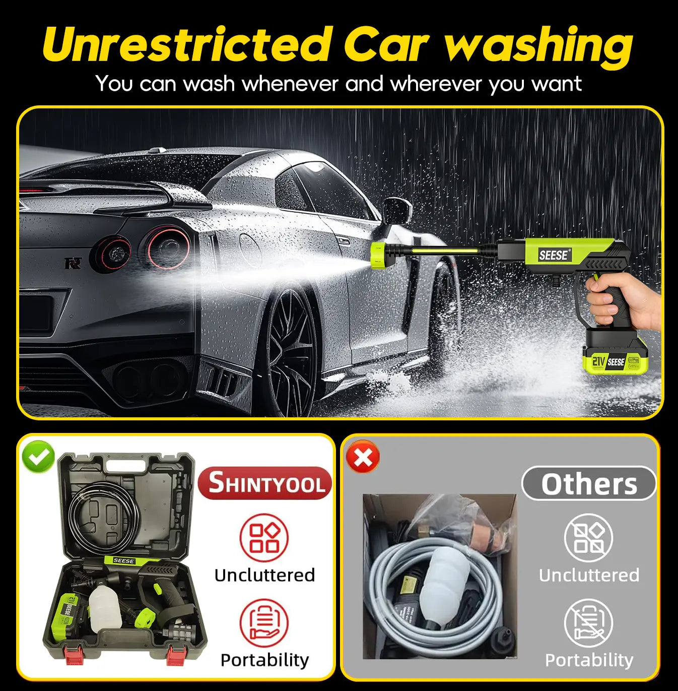 【Dealsforyoudays】Seese Cordless Pressure Washer and Single Port Charger Base, Bottle Portable Washer for Car,Home Cleaning & Garden Watering
