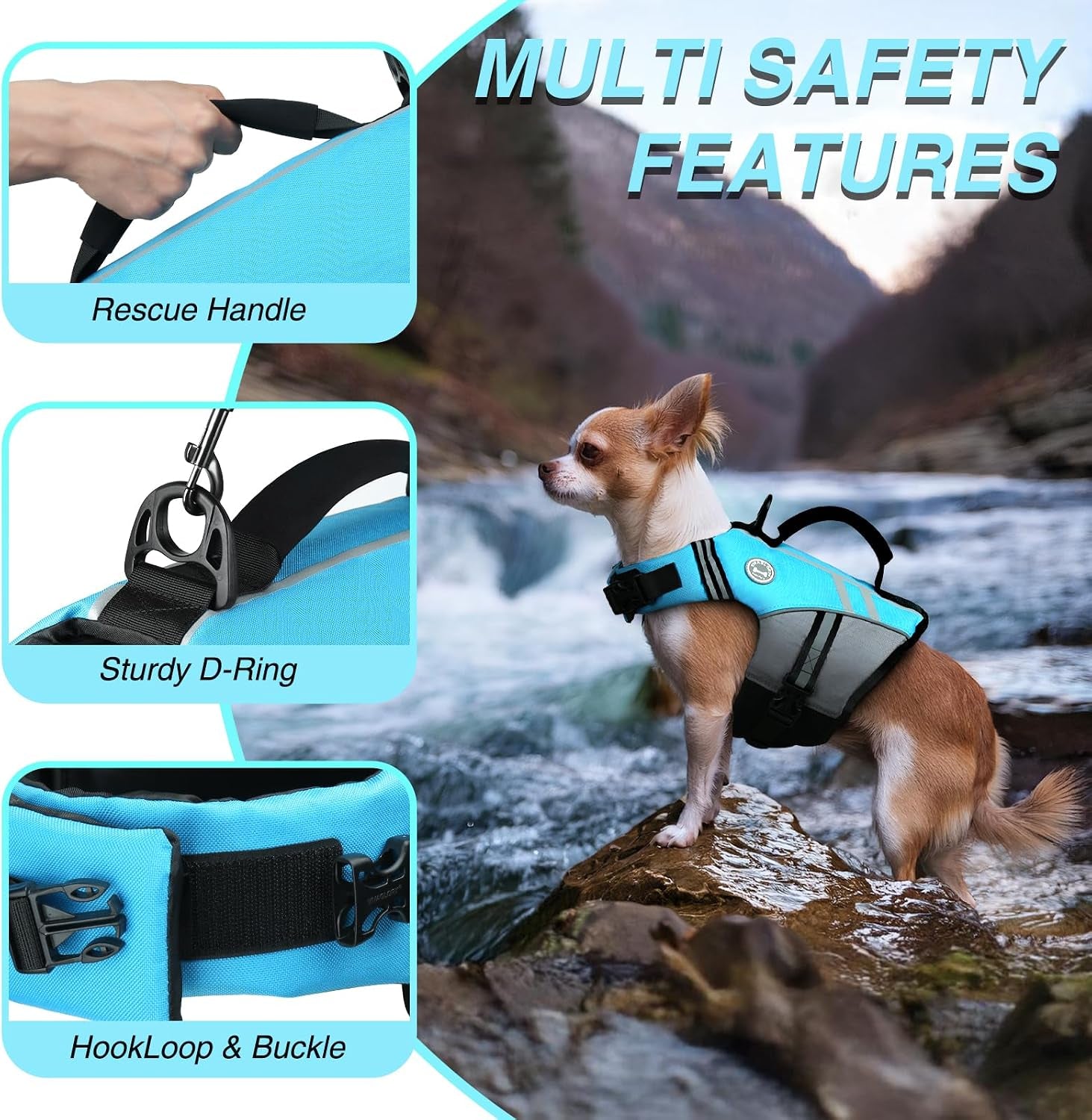 Stylish & Safe Dog Life Vest - XS Blue Sports Swim Jacket with Leash Ring & Handle for Swimming & Boating - Adjustable & Reflective for Puppies and Small Dogs