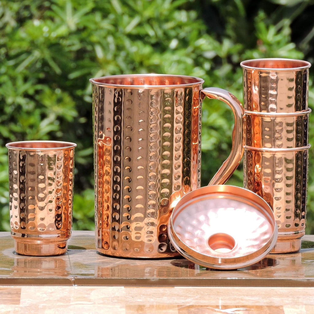 - Pure Copper Hammered Pitcher with 4 Copper Tumblers | Hammered Copper Pitcher and Tumblers for Ayurveda Health Benefits